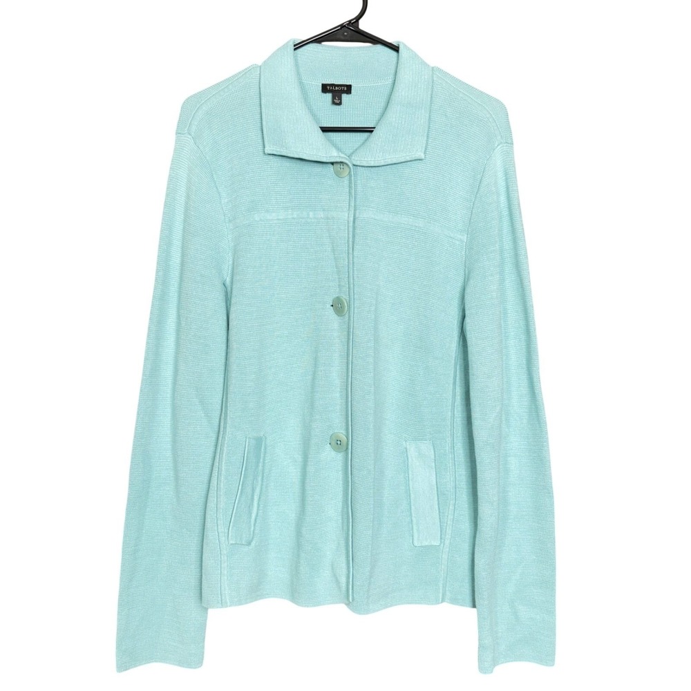 Talbots Women L Cotton Collared Long Sleeve Cardigan Pastel Easter Spring Layer‎